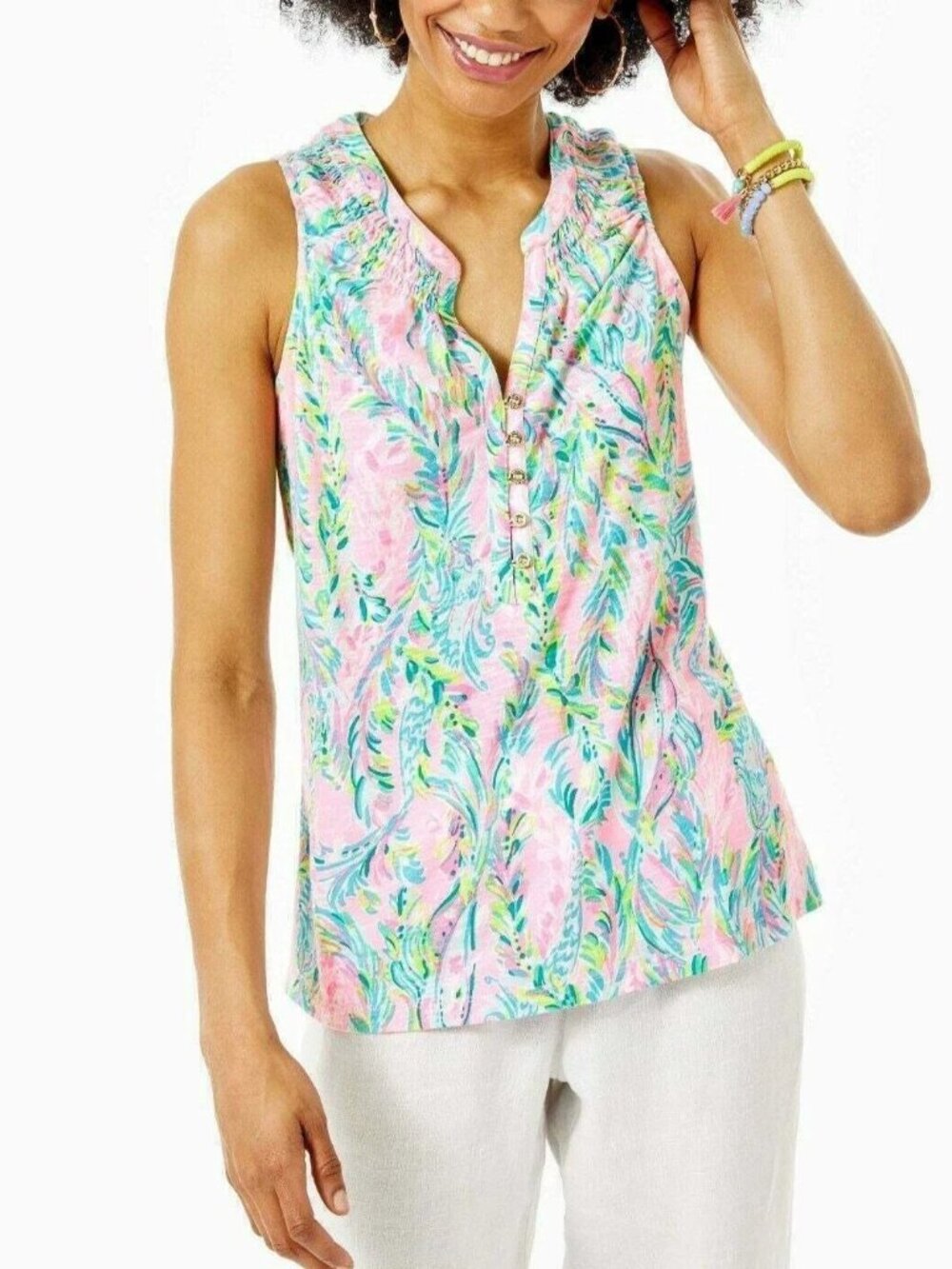 Lilly Pulitzer Essie Tank Tunic Top Smocked Printed Resort Cotton XS 290619